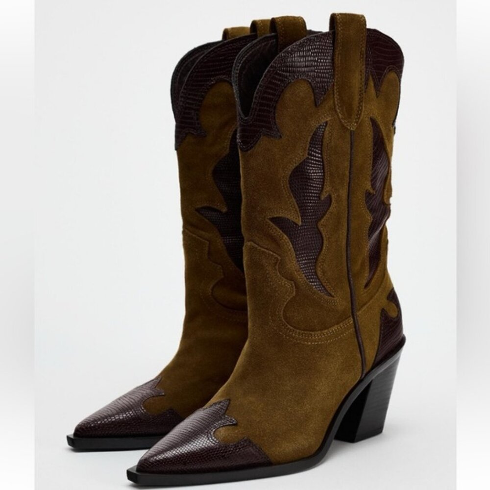 ZARA HEELED COMBINATION SUEDE KNEE HIGH BOOTS - Picture 3 of 5